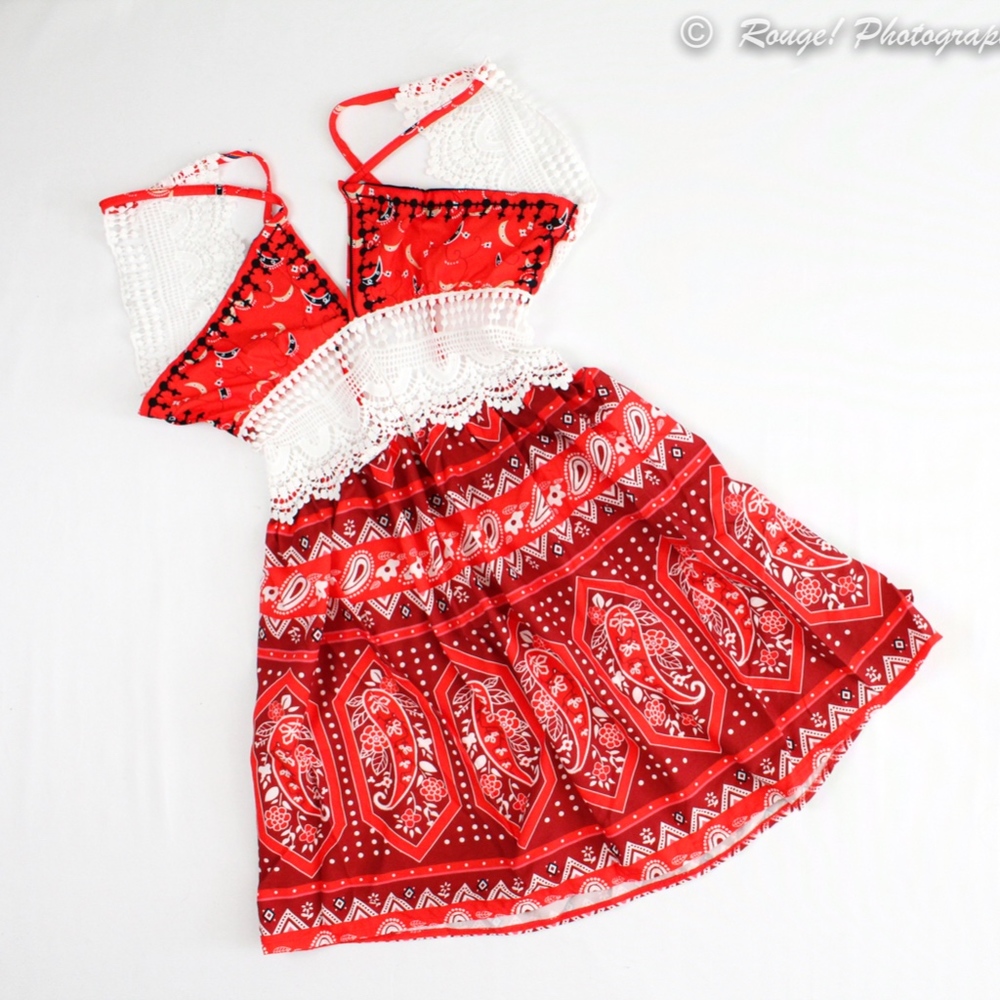 Boho Crochet Backless Red Printed Mini Cami Dress - Picture 4 of 8